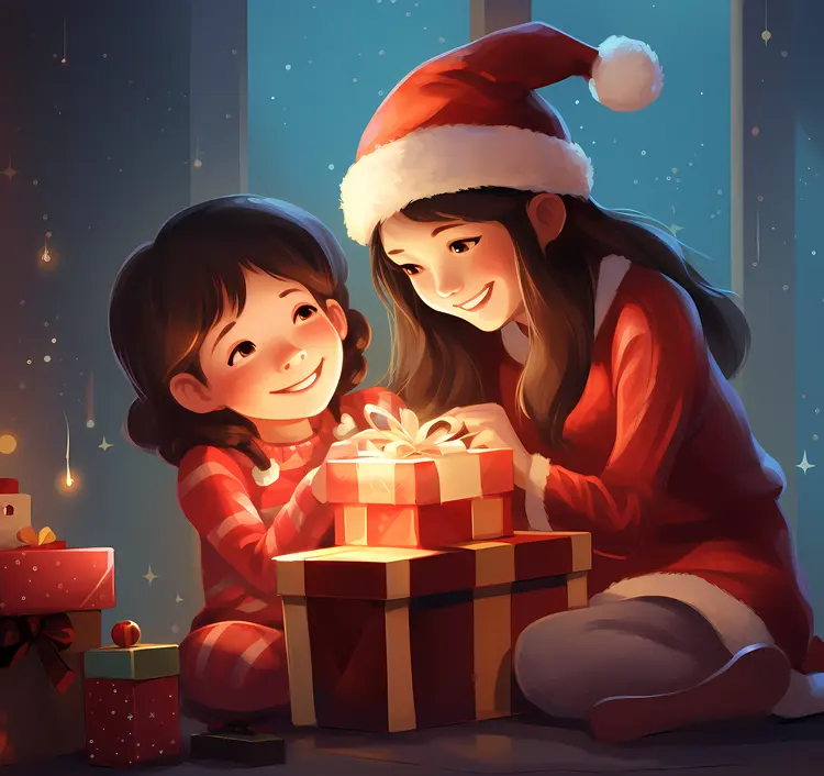 Smiling Girls with Santa Hats and Gifts