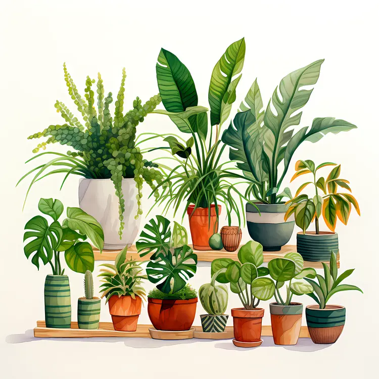 Variety of Potted Plants on Wooden Shelves