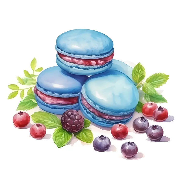 Blue macarons with berries and mint