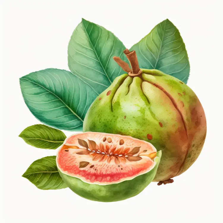 Fresh Green Guava with Leaves and Sliced Guava