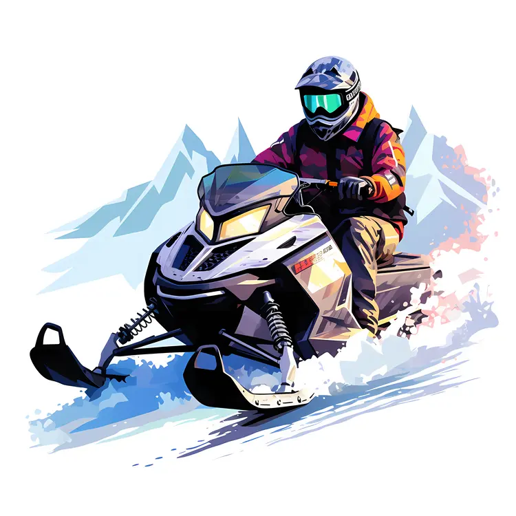 Snowmobile in Red Racing Through Snowy Terrain