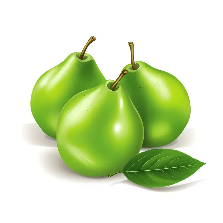 Three Green Pears with Leaf