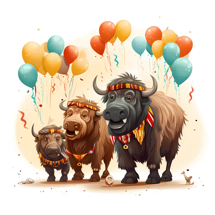 Buffaloes at a Festive Party with Balloons