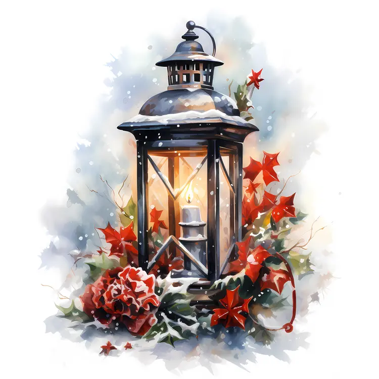 Black Lantern with Candle and Festive Flowers