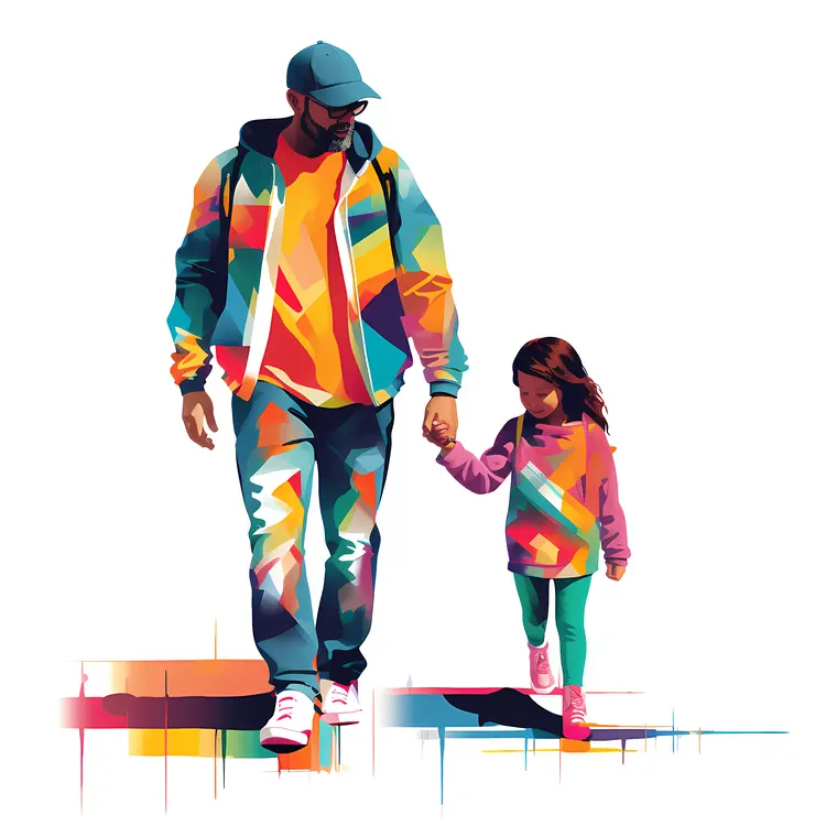 Colorful Father and Daughter Walking Together
