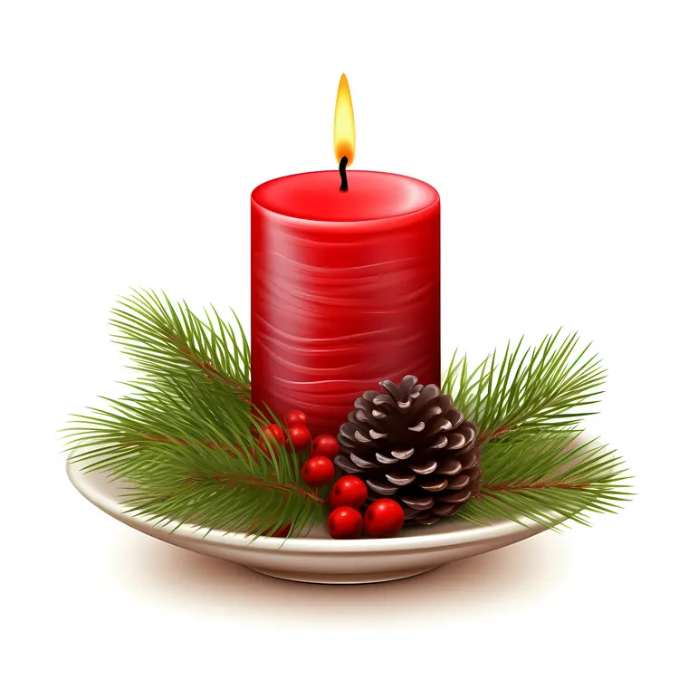 Red Candle with Pine Cone and Berries