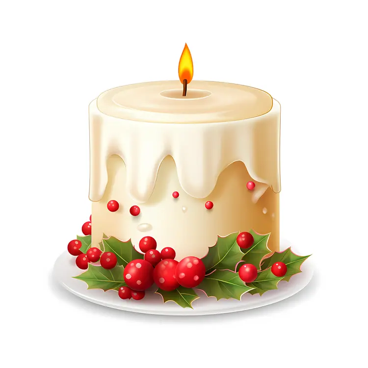 Festive White Candle with Holly and Berries