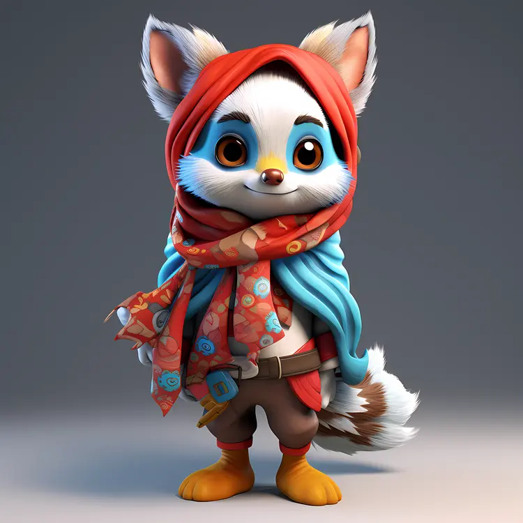 Cute Fox in Red Scarf and Colorful Clothes