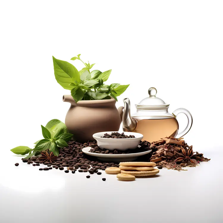 Clay Teapot with Herbs and Cookies