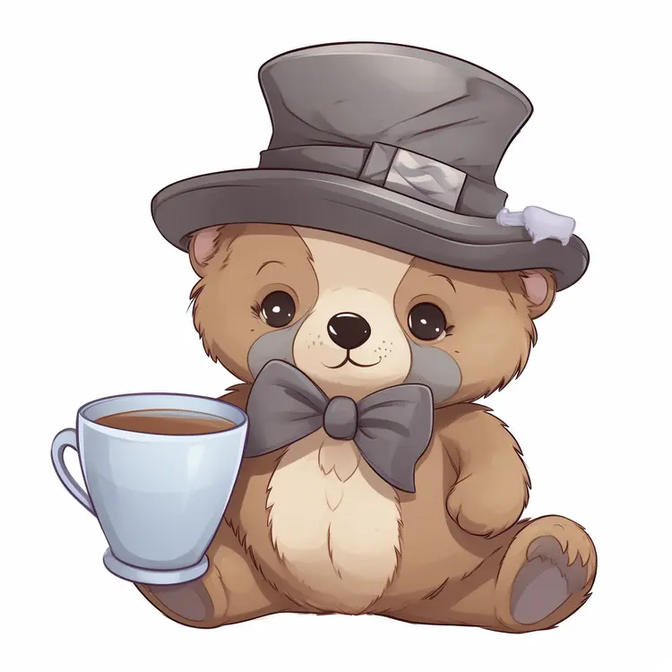 Cute Teddy Bear with Top Hat and Cup