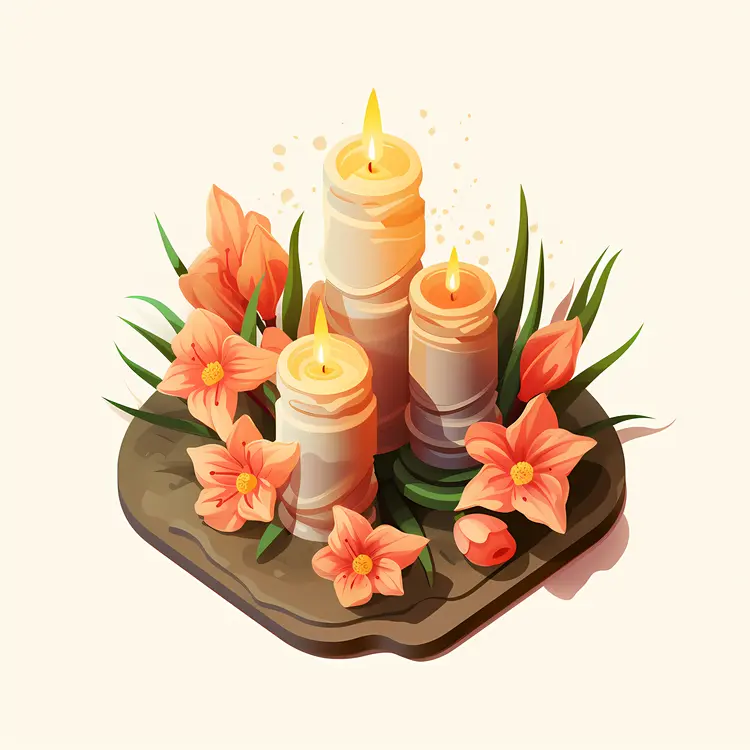 Lit Candles with Orange Flowers