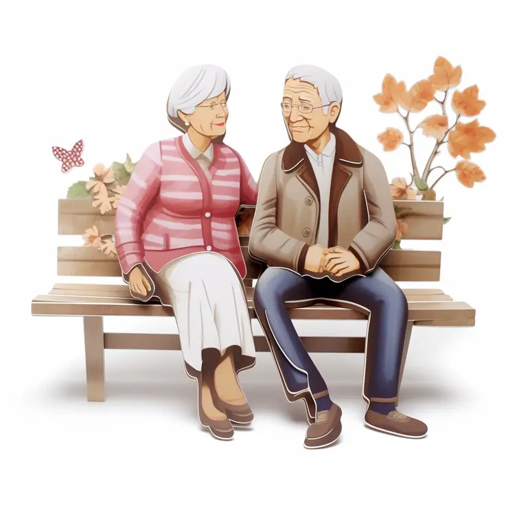 Elderly Couple Sitting on Bench in Autumn Scene
