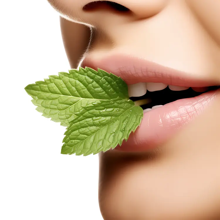Fresh Mint Leaves on Lips for Natural Freshness Concept