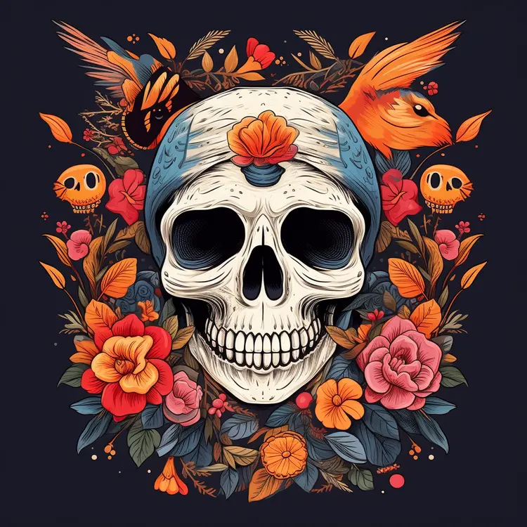 Artistic Skull with Flowers and Birds for Day of the Dead