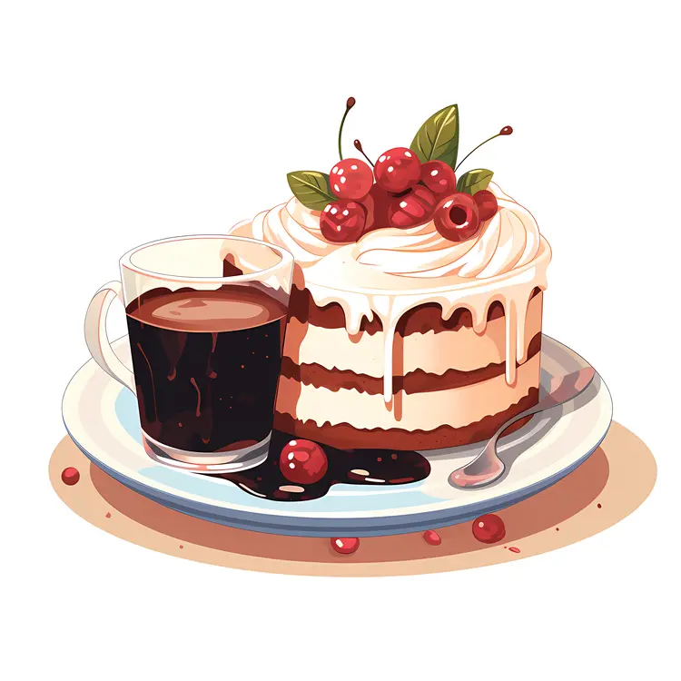 Layered Cherry Cake with Cream and Drink
