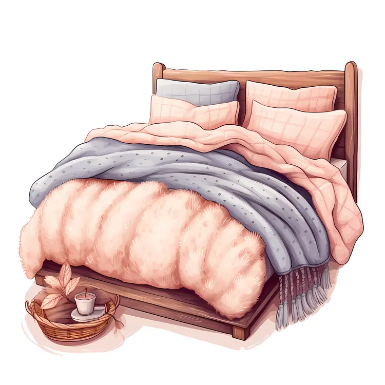 Wooden Bed with Blue and Pink Blanket and Cozy Pillows