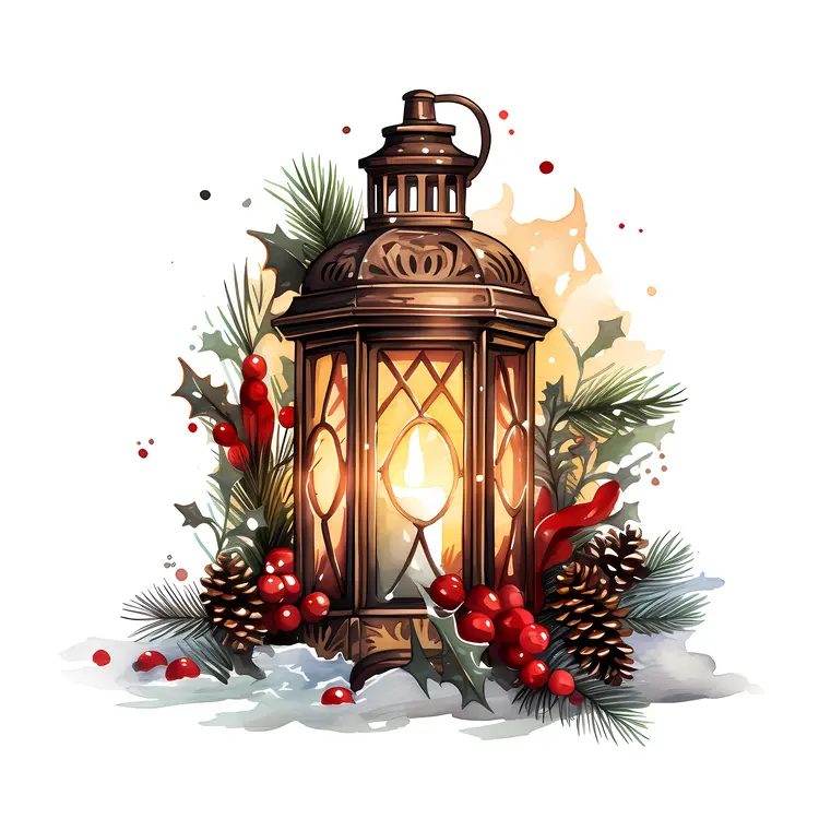 Bronze Lantern with Pinecones and Holly Berries