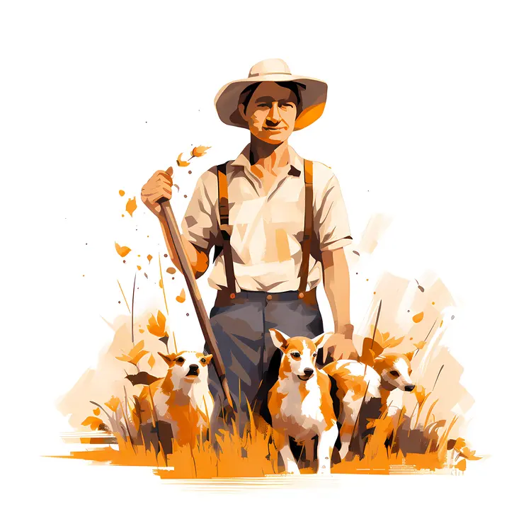 Farmer with Dogs in a Field