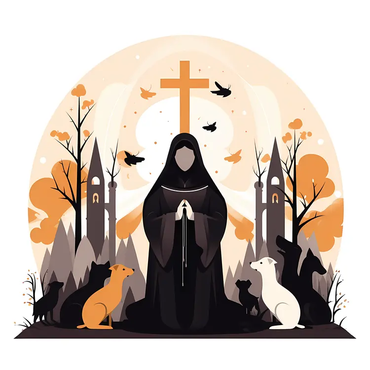 Nun with Animals in Nature Illustration