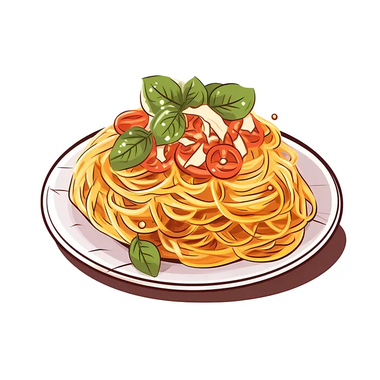 Delicious Spaghetti with Basil and Tomato Illustration