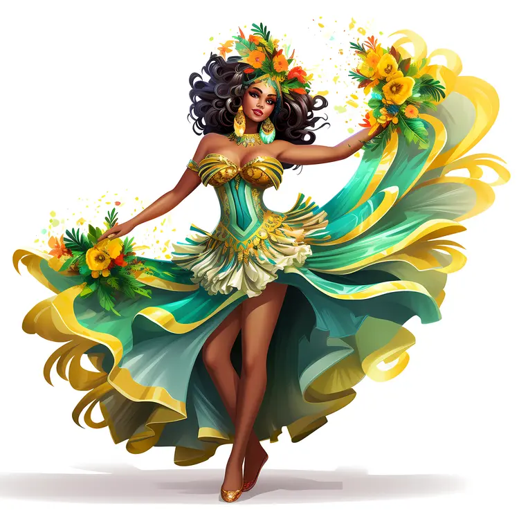 Carnival Dancer in Green and Yellow Feathered Costume