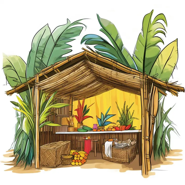 Tropical Bamboo Hut with Plants and Fruits