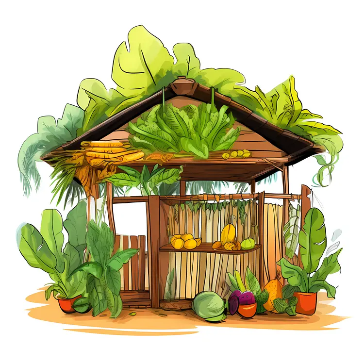 Tropical Hut with Fruits and Plants
