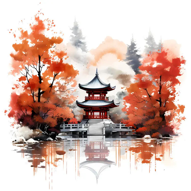 Red Pagoda with Autumn Trees