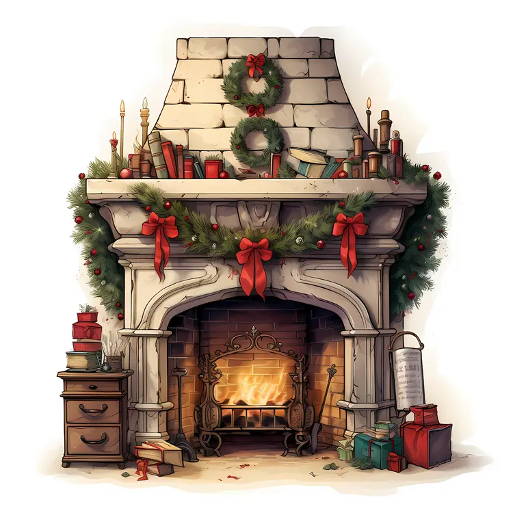 Christmas Fireplace with Decorations and Gifts