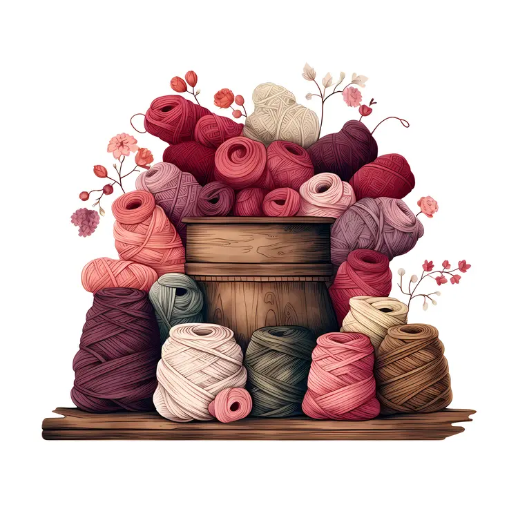 Yarn Balls with Wooden Barrel and Flowers