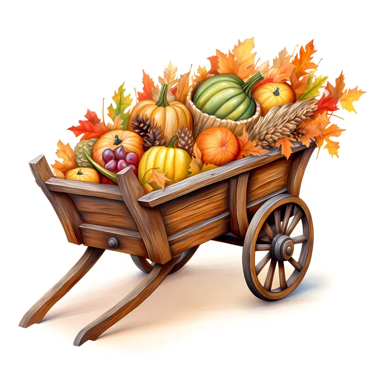 Wooden Wheelbarrow with Pumpkins and Leaves for Thanksgiving