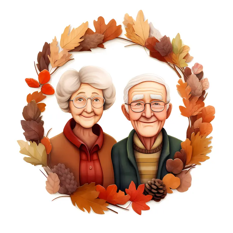 Elderly Couple Surrounded by Autumn Leaves Wreath