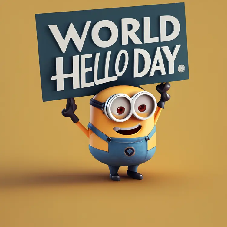 Minion Holding World Hello Day Sign