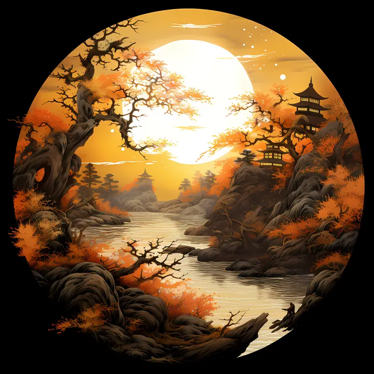 Scenic Autumn Landscape with River and Pagoda