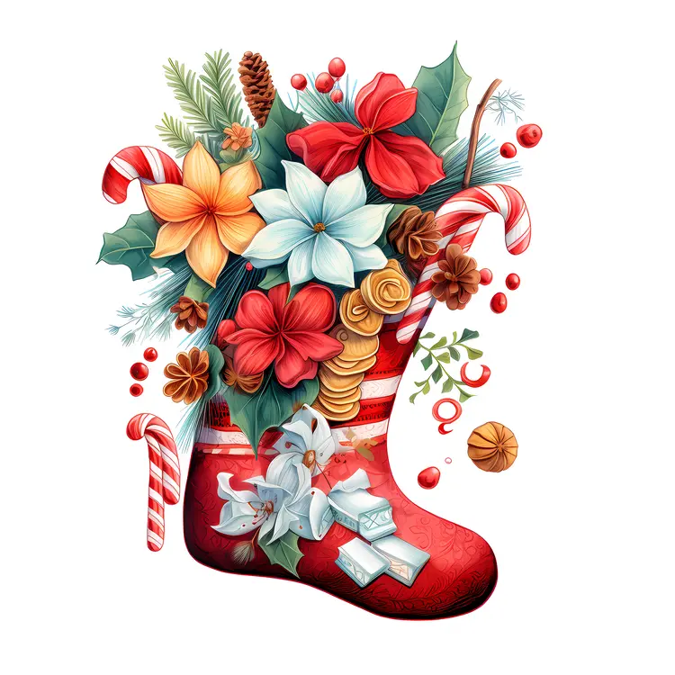 Red Christmas Stocking with Flowers and Candy Canes