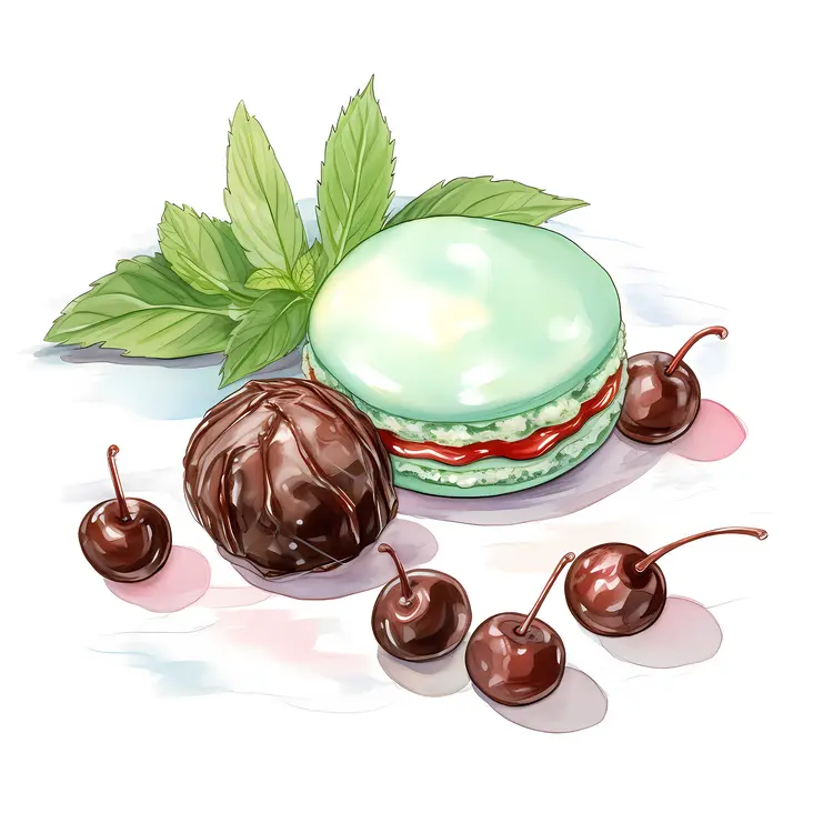 Green Macaron with Chocolate Truffle and Cherries
