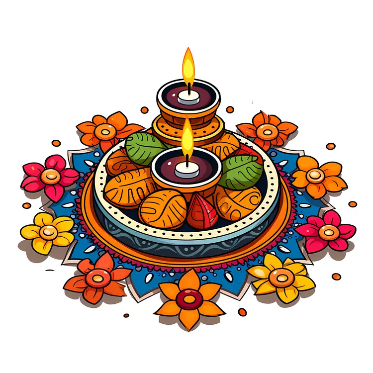 Colorful Candle and Floral Design for Diwali