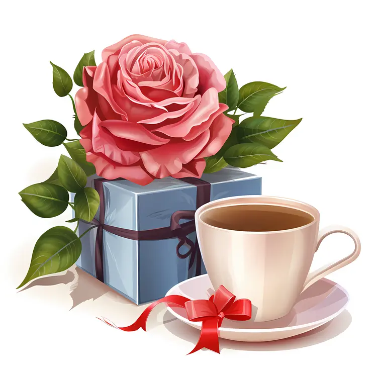 Red Rose and Coffee Cup with Blue Gift Box