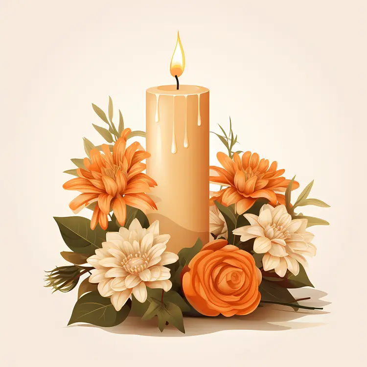 Orange and White Candle with Flowers