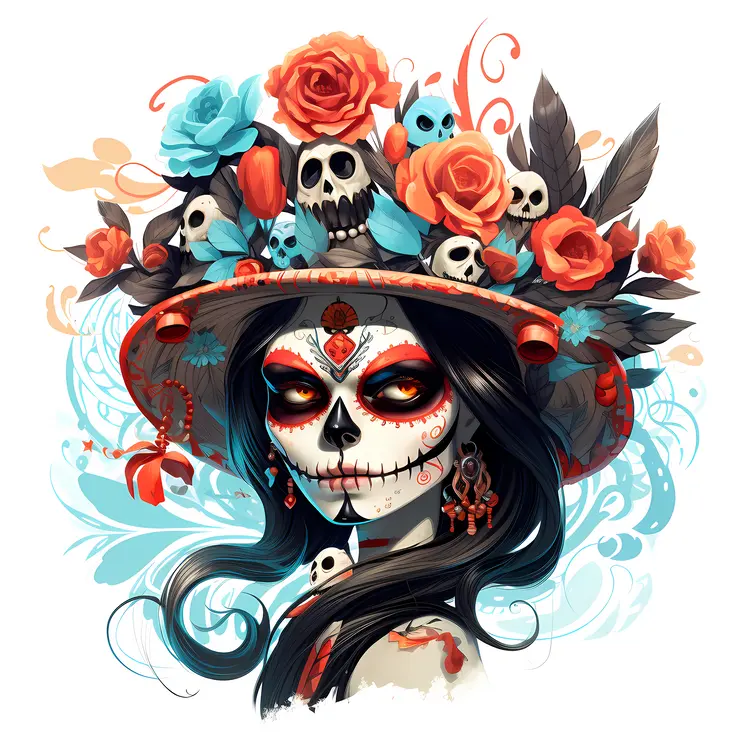 Skeleton with Flower Hat and Skulls