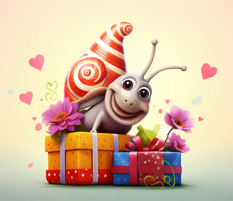 Snail with Striped Hat and Holiday Gifts