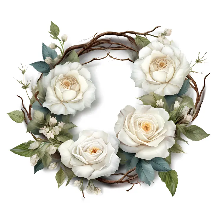 Elegant White Rose Wreath with Leaves