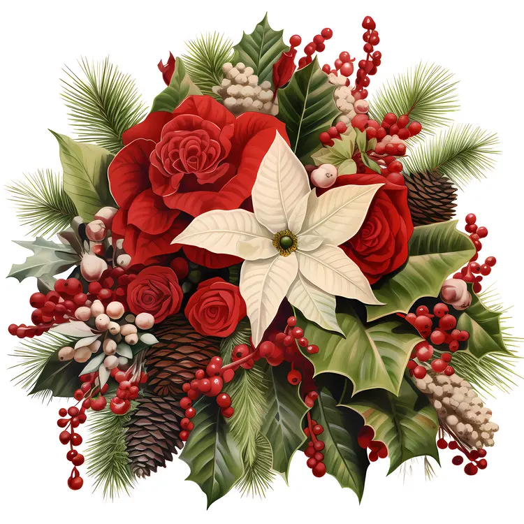 Christmas Floral Arrangement with Red Flowers and Greenery