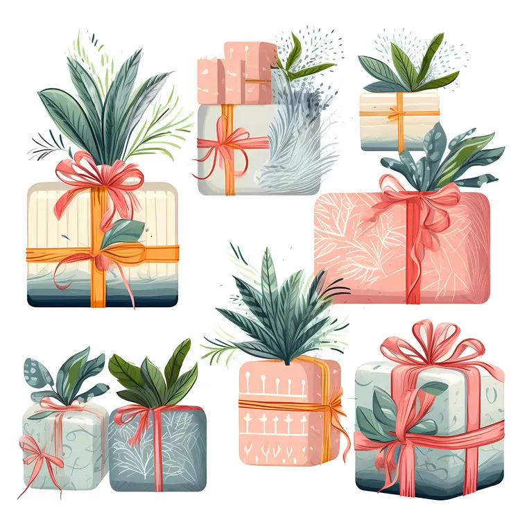Colorful Gift Boxes with Plant Decorations