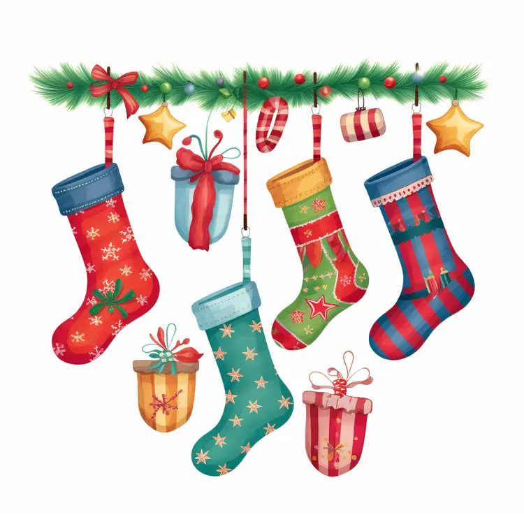 Colorful Christmas Stockings with Gifts and Decorations
