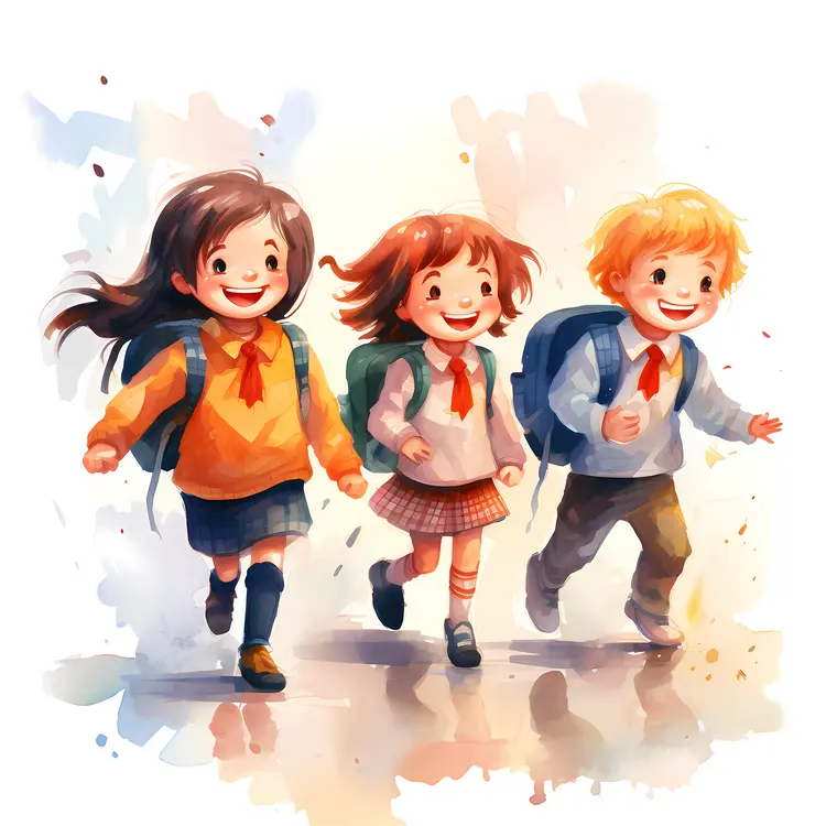 Three Happy Kids Running with Backpacks