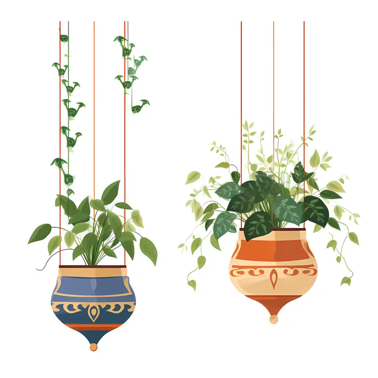 Decorative Hanging Plants in Ornate Pots