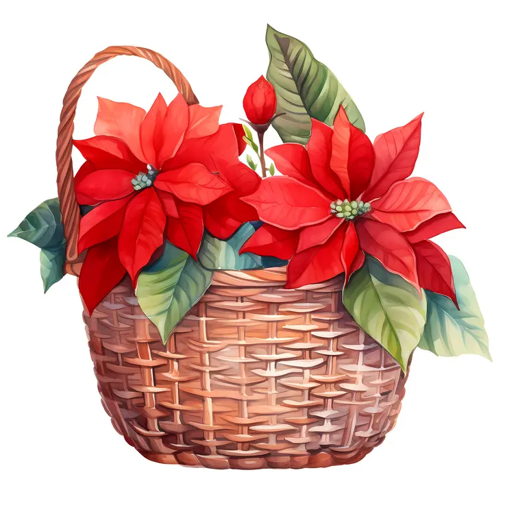Beautiful Poinsettia in Wicker Basket for Christmas