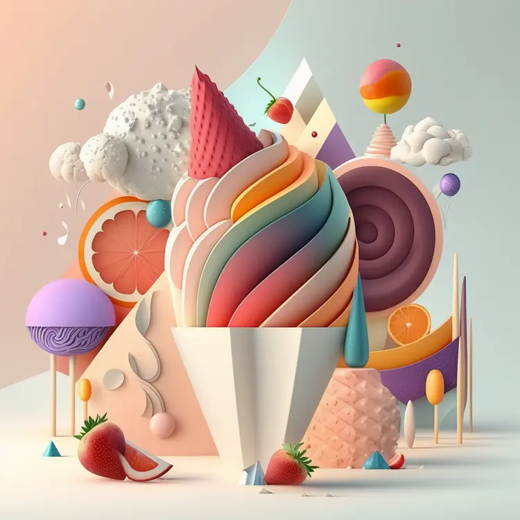 Colorful Ice Cream with Fruits and Cones