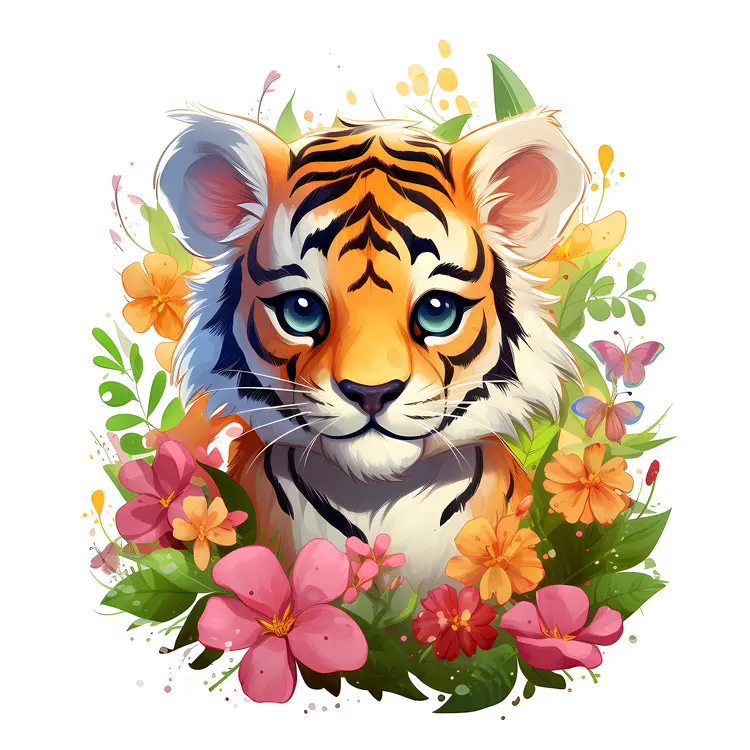 Cute Tiger Cub Surrounded by Flowers